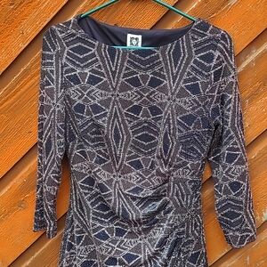 Anne Klein Black and Rose Gold Geometric Sequin/Glitter Rouched Mini Dress